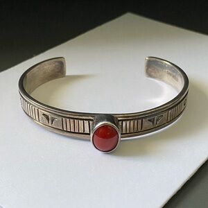 Vintage Navajo Charles Ortiz Sterling Silver Coral Cuff Bracelet